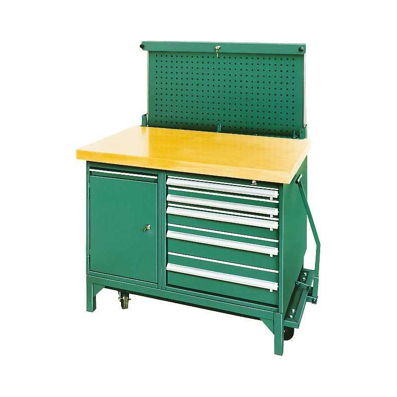 96/3 - Mobilny stół warsztatowy 1200 mm, blat drewniany lakierowany, 5 szuflad, zielony