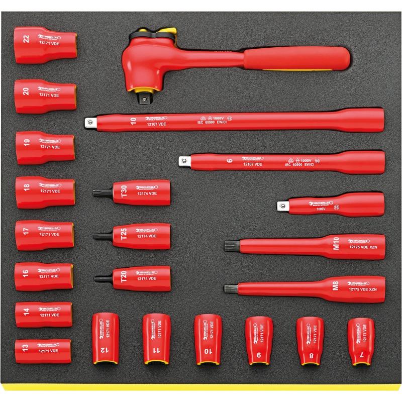 TCS 12171/19/4 VDE - Moduł nasadek i akcesoriów izolowanych VDE 3/8", 7 - 22 mm, T20 - T30, M8 - M10 (23 szt.), wkładka piankowa TCS 12171/19/4 VDE - Moduł nasadek i akcesoriów izolowanych VDE 3/8", 7 - 22 mm, T20 - T30, M8 - M10 (23 szt.), wkładka piankowa