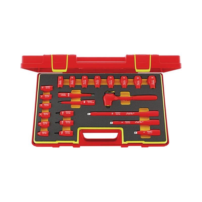 12171/19/4 VDE - Zestaw nasadek izolowanych 3/8" 12-kątnych 7-22 mm, trzpieniowych T20-T30, M8-M10, z grzechotką i akcesoriami