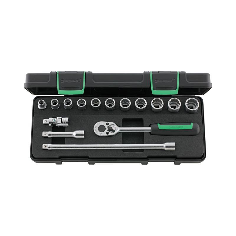 45/11/4 - Zestaw nasadek 3/8" 12-kątnych, 8 - 19 mm, z grzechotką i akcesoriami (15 szt.)