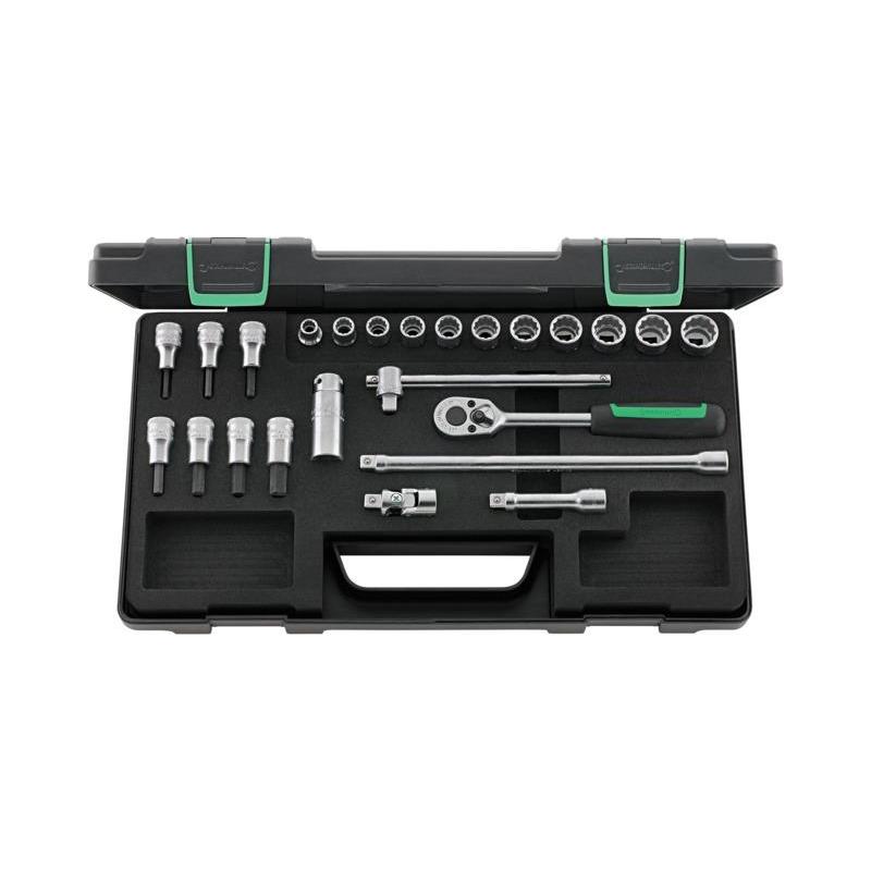 45/49/19/5 - Zestaw nasadek 3/8" 12-kątnych 8 - 19 mm i trzpieniowych 3 - 10 mm, z grzechotką i akcesoriami (24 szt.)