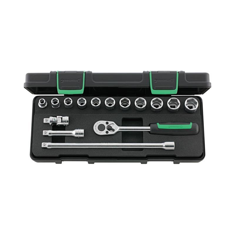 456/11/4 - Zestaw nasadek 3/8" 6-kątnych, 8 - 19 mm, z grzechotką i akcesoriami (15 szt.)