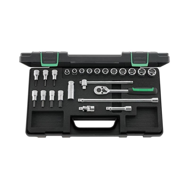 456/49/19/5 - Zestaw nasadek 3/8" 6-kątnych 8 - 19 mm i trzpieniowych 3 - 10 mm, z grzechotką i akcesoriami (24 szt.)