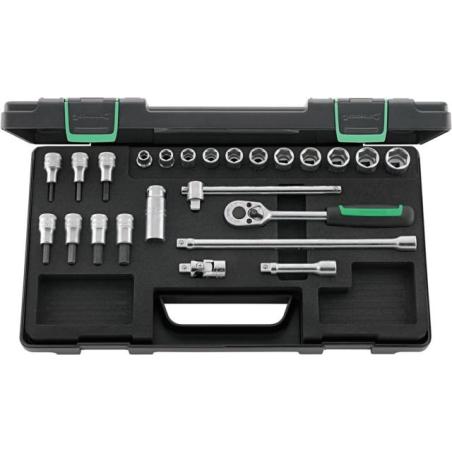 456/49/19/5 - Zestaw nasadek 3/8" 6-kątnych 8 - 19 mm i trzpieniowych 3 - 10 mm, z grzechotką i akcesoriami (24 szt.)