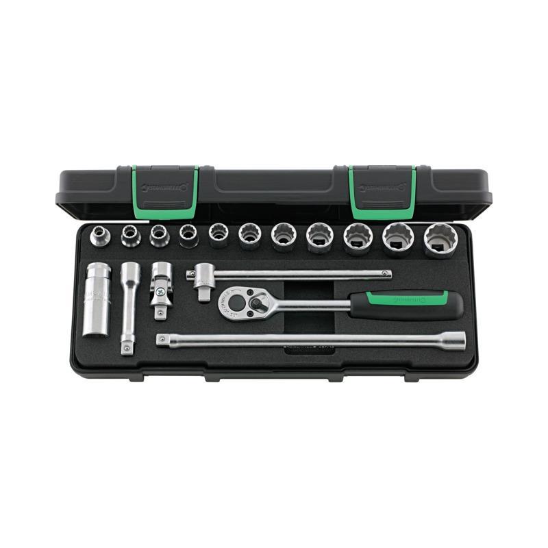 45A/12/5 - Zestaw nasadek 3/8" 12-kątnych, 1/4" - 13/16", z grzechotką i akcesoriami (17 szt.)