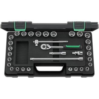 45MA/28/5 - Zestaw nasadek 3/8" 12-kątnych, 7 - 22 mm, 1/4" - 7/8", z grzechotką i akcesoriami (33 szt.)