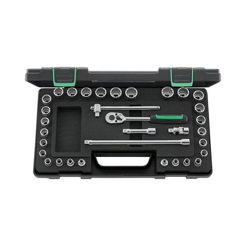 45MA/28/5 - Zestaw nasadek 3/8" 12-kątnych, 7 - 22 mm, 1/4" - 7/8", z grzechotką i akcesoriami (33 szt.)