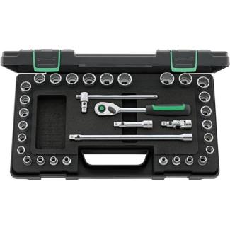 45MA/28/5QR - Zestaw nasadek 3/8" 12-kątnych, 7 - 22 mm, 1/4" - 7/8", z grzechotką i akcesoriami QR (33 szt.)