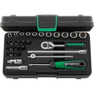 40/23/6 - Zestaw nasadek 1/4" 6-kątnych 5 - 14 mm i trzpieniowych 3 - 8 mm, PH1 - PH4, z grzechotką i akcesoriami (29 szt.)