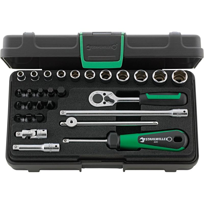 40/23/6 - Zestaw nasadek 1/4" 6-kątnych 5 - 14 mm i trzpieniowych 3 - 8 mm, PH1 - PH4, z grzechotką i akcesoriami (29 szt.)