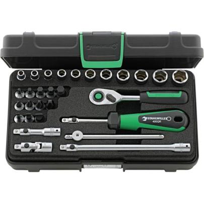 40/23/6QR - Zestaw nasadek 1/4" 6-kątnych 5 - 14 mm i trzpieniowych 3 - 8 mm, PH1 - PH4, z grzechotką i akcesoriami QR (29 szt.)