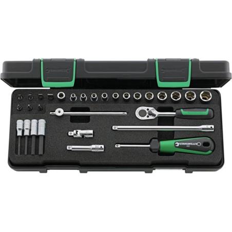 40/23/7 - Zestaw nasadek 1/4" 6-kątnych 4 - 13 mm i trzpieniowych 3 - 6 mm, z grzechotką i akcesoriami + bity (30 szt.)