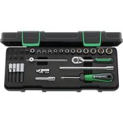 40/23/7 - Zestaw nasadek 1/4" 6-kątnych 4 - 13 mm i trzpieniowych 3 - 6 mm, z grzechotką i akcesoriami + bity (30 szt.)