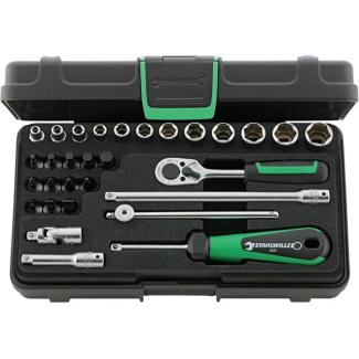 40/24/6 - Zestaw nasadek 1/4" 6-kątnych 4-14 mm i trzpieniowych 3-8 mm, PH1-PH2, PZ1-PZ2, z grzechotką i akcesoriami (30 szt.)