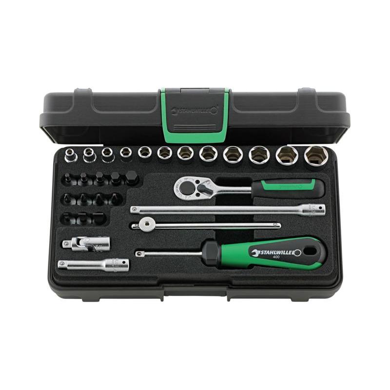 40/24/6 - Zestaw nasadek 1/4" 6-kątnych 4-14 mm i trzpieniowych 3-8 mm, PH1-PH2, PZ1-PZ2, z grzechotką i akcesoriami (30 szt.)