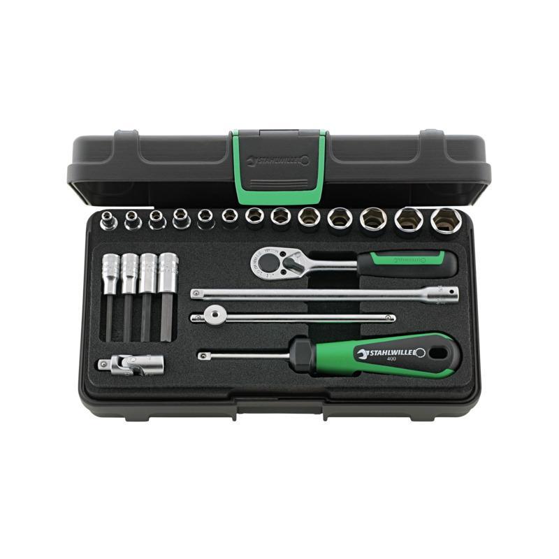 40/44/17/5 - Zestaw nasadek 1/4" 6-kątnych 3,5 - 13 mm i trzpieniowych 3 - 6 mm, z grzechotką i akcesoriami (22 szt.)