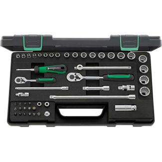 40/45/36/12 - Zestaw nasadek 1/4" 6-kątnych i 3/8" 12-kątnych, 4 - 22 mm, z grzechotką i akcesoriami + bity (48 szt.)