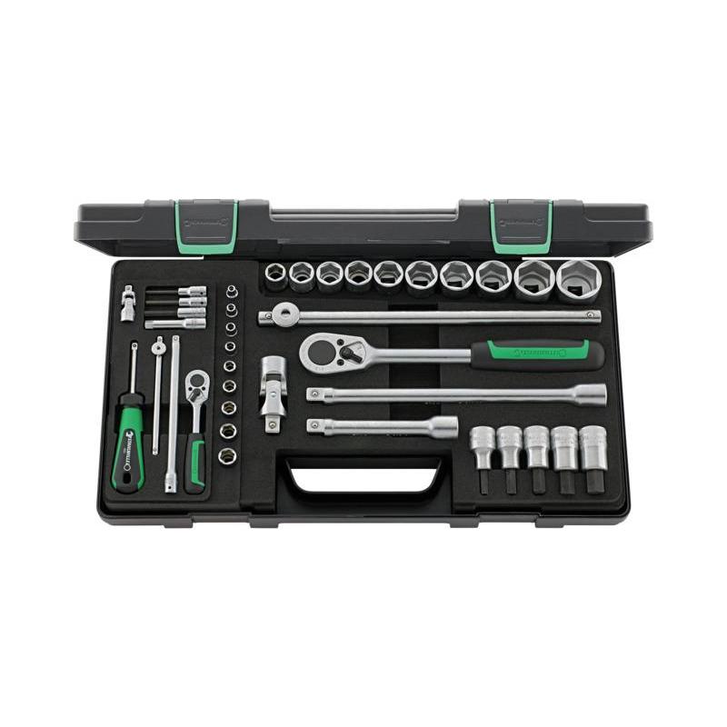 40/52/27/11 - Zestaw nasadek 1/4" i 1/2" 6-kątnych 4 - 30 mm i trzpieniowych 3 - 14 mm, z grzechotką i akcesoriami (38 szt.)