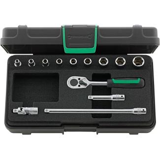 40/9/4 - Zestaw nasadek 1/4" 6-kątnych, 4 - 13 mm, z grzechotką i akcesoriami (13 szt.)