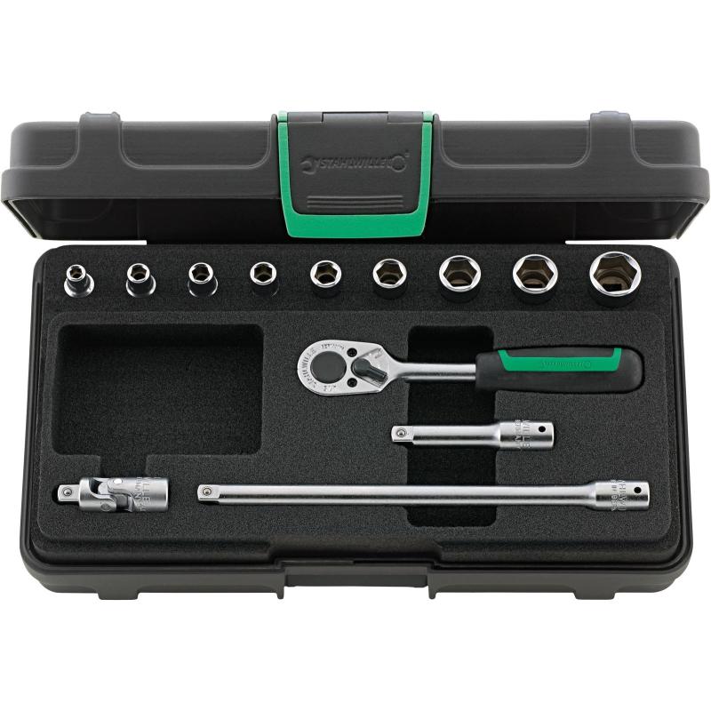 40/9/4 - Zestaw nasadek 1/4" 6-kątnych, 4 - 13 mm, z grzechotką i akcesoriami (13 szt.)