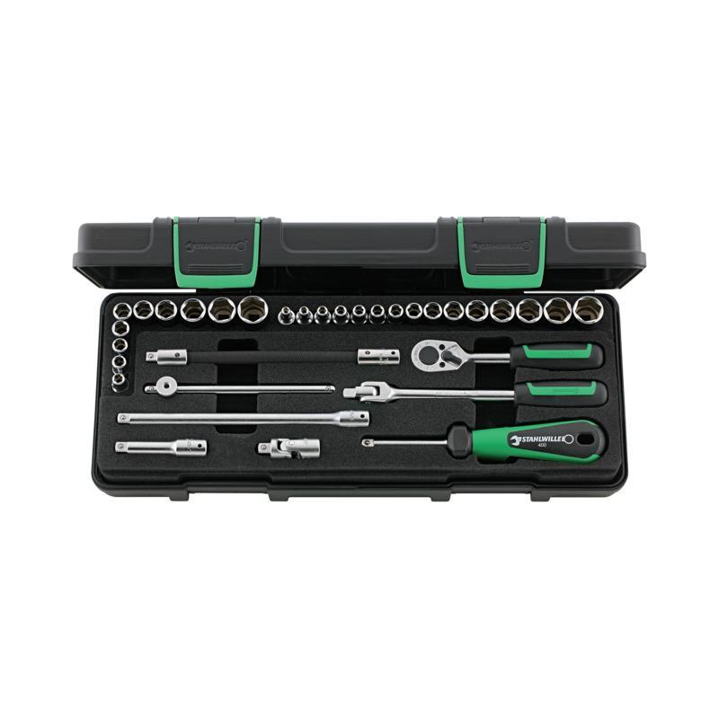 40MA/25/8 - Zestaw nasadek 1/4" 6-kątnych, 3,2 - 14 mm, 3/16" - 9/16", z grzechotką i akcesoriami (33 szt.)