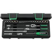 40MA/25/8 - Zestaw nasadek 1/4" 6-kątnych, 3,2 - 14 mm, 3/16" - 9/16", z grzechotką i akcesoriami (33 szt.)