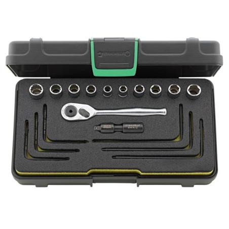 40A/40AD/16/2 - Zestaw nasadek 1/4" 6-kątnych i 12-kątnych 1/4" - 7/16", z grzechotką i przedłużaczem Hi-Lok +klucze trzpieniowe