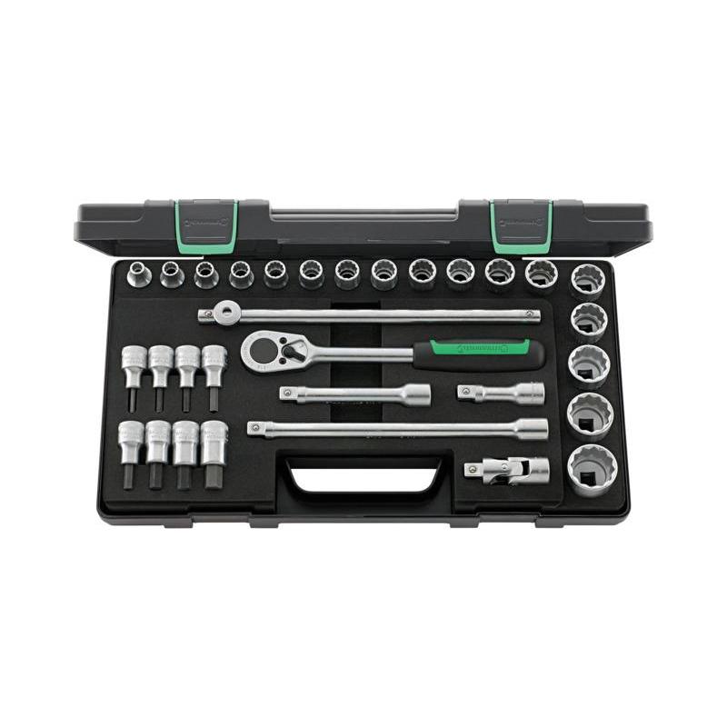 50/54/25/6 - Zestaw nasadek 1/2" 12-kątnych 8 - 32 mm i trzpieniowych 4 - 14 mm, z grzechotką i akcesoriami (31 szt.)