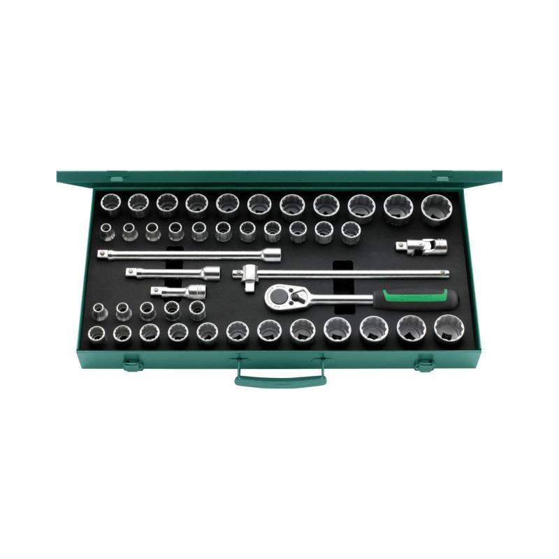 50MA/39/6N - Zestaw nasadek 1/2" 12-kątnych, 10 - 34 mm, 3/8" - 1'1/4", z grzechotką i akcesoriami (45 szt.)