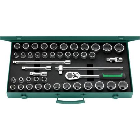 50MA/39/6N - Zestaw nasadek 1/2" 12-kątnych, 10 - 34 mm, 3/8" - 1'1/4", z grzechotką i akcesoriami (45 szt.)
