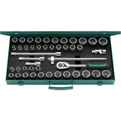 50MA/39/6N - Zestaw nasadek 1/2" 12-kątnych, 10 - 34 mm, 3/8" - 1'1/4", z grzechotką i akcesoriami (45 szt.)