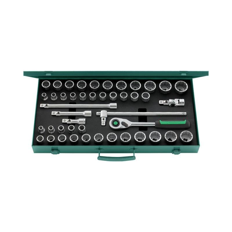 50MA/39/6QR - Zestaw nasadek 1/2" 12-kątnych, 10 - 34 mm, 3/8" - 1'1/4", z grzechotką i akcesoriami QR (45 szt.)