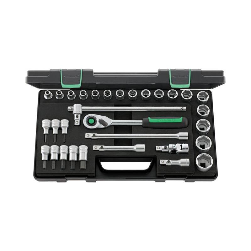 52/54/25/6QR - Zestaw nasadek 1/2" 6-kątnych 8 - 32 mm i trzpieniowych 4 - 14 mm, z grzechotką i akcesoriami QR (31 szt.)