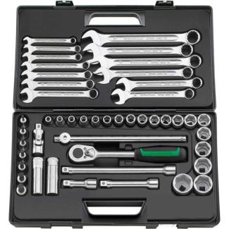 876 - Zestaw nasadek 1/2" 6-kątnych 8-34 mm i trzpieniowych 4-12 mm, z grzechotką i akcesoriami + klucze oczkowo-płaskie 10-24mm