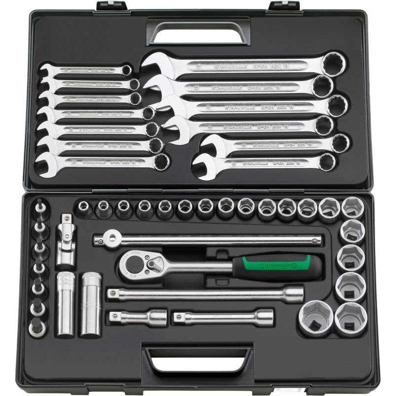 876 - Zestaw nasadek 1/2" 6-kątnych 8-34 mm i trzpieniowych 4-12 mm, z grzechotką i akcesoriami + klucze oczkowo-płaskie 10-24mm