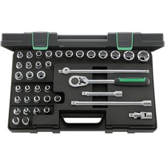 876TX - Zestaw nasadek 1/2" 6-kątnych 8-30mm, Torx E10-E24 i trzpieniowych 5-14mm, T20-T60, z grzechotką i akcesoriami (39 szt.)