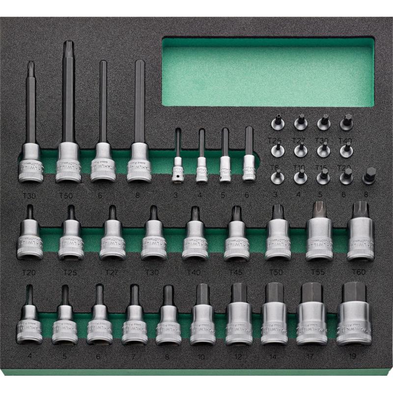 TCS 11 821/40 - Moduł nasadek trzpieniowych 1/2" i 1/4", 6-kątnych i Torx®, 3 - 19 mm, T8 - T60 (40 szt.), wkładka piankowa